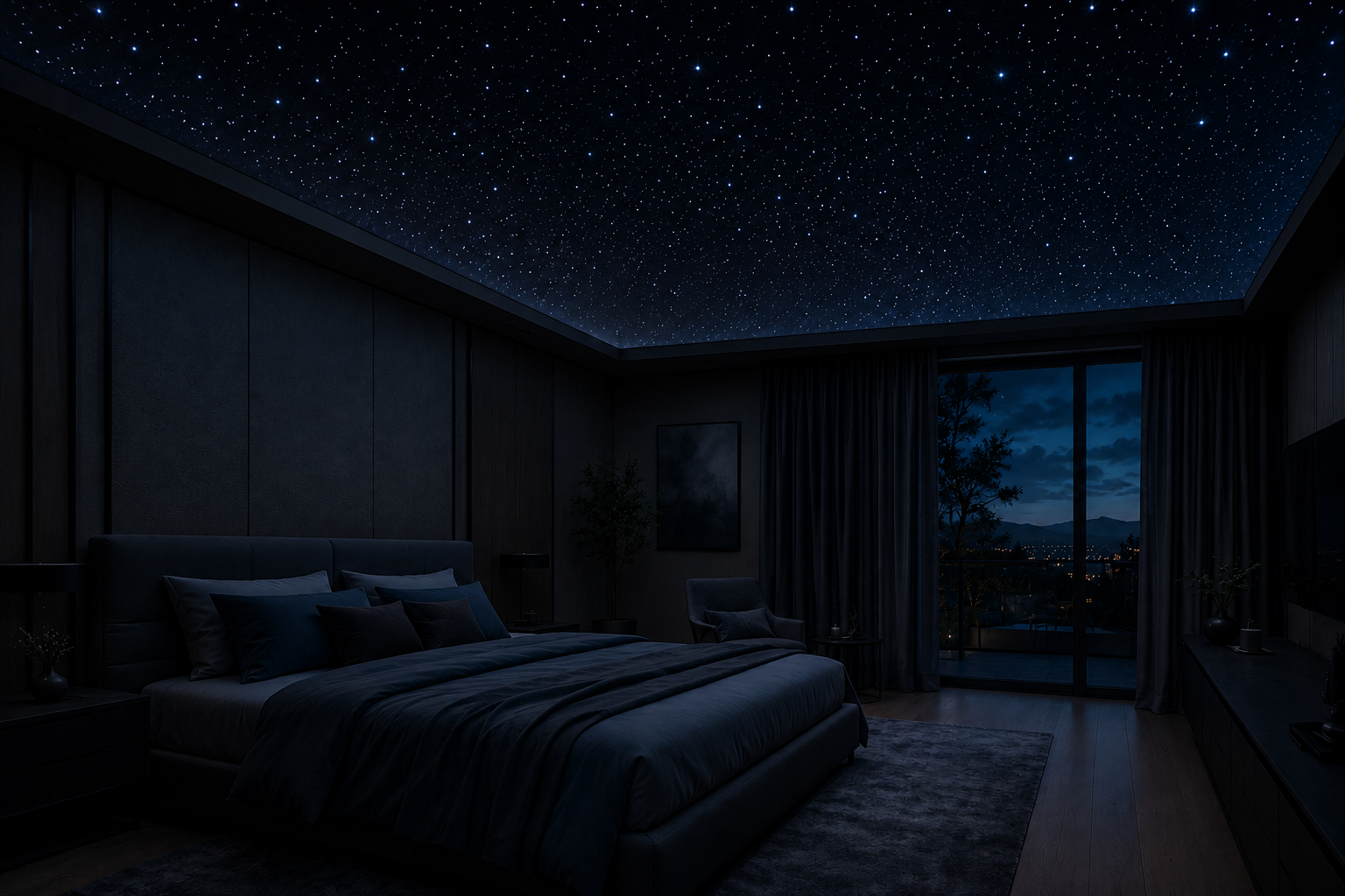 Camera elegante con cielo stellato rilassante
